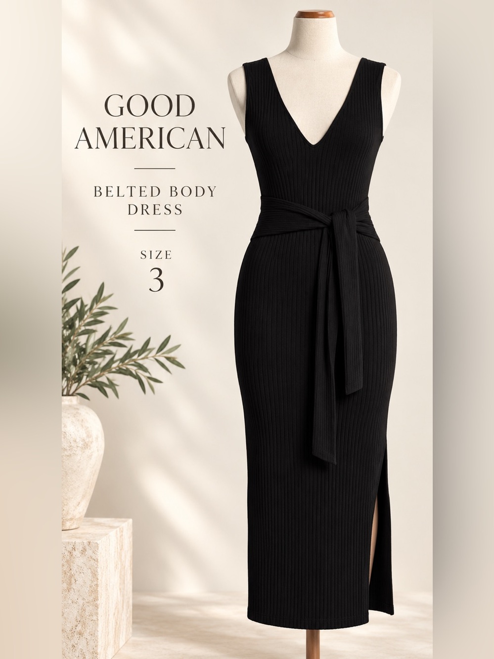 Good American Belted Body Dress Black Ribbed Midi Size 3